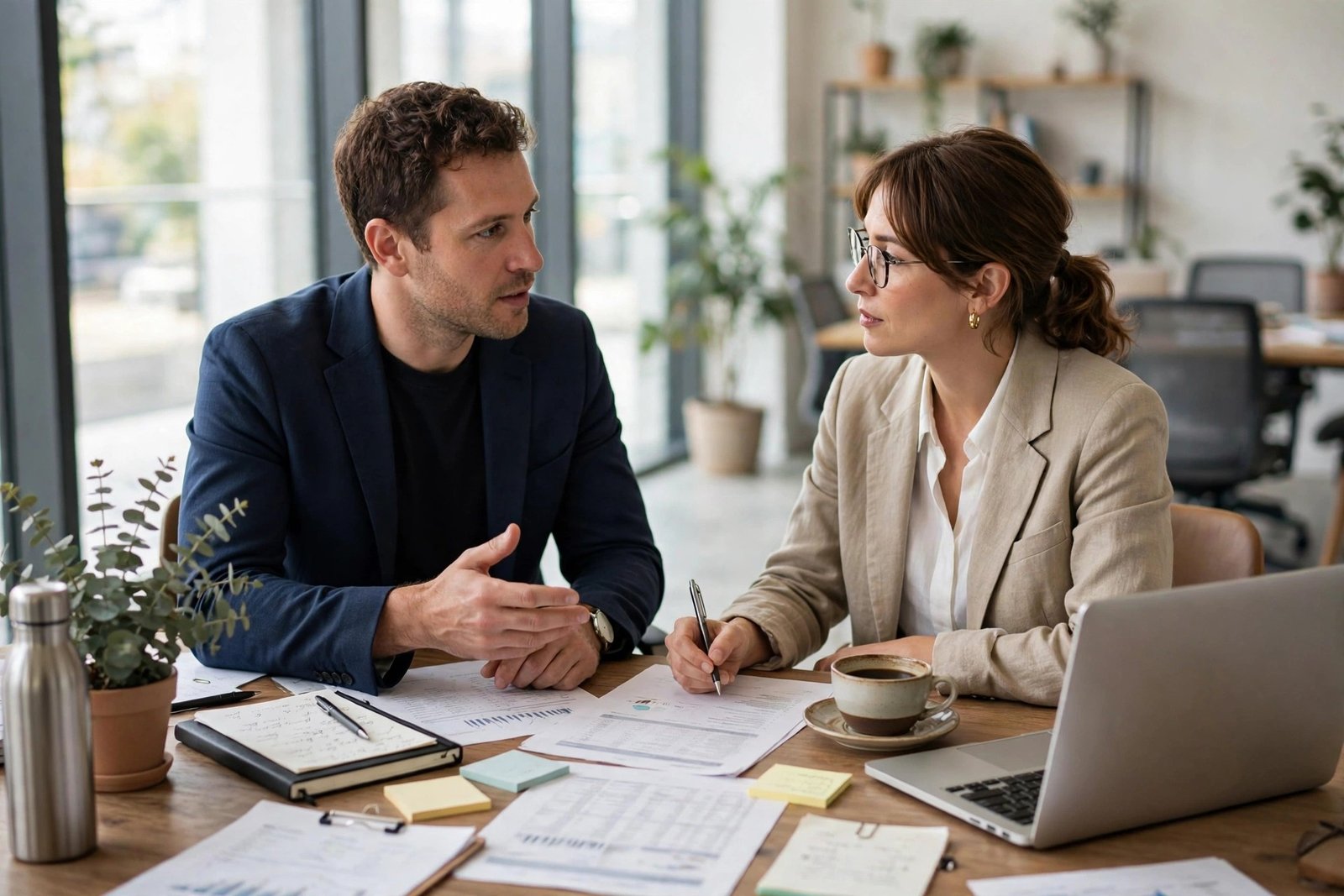 Two business partners discussing strategy over documents and a laptop in a bright office