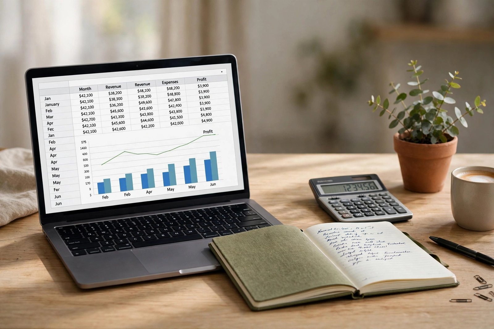 Laptop showing a financial spreadsheet with charts beside a notebook and calculator