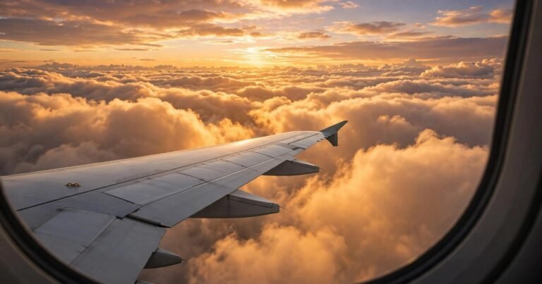 Airplane wing seen from a passenger window above golden clouds at sunset