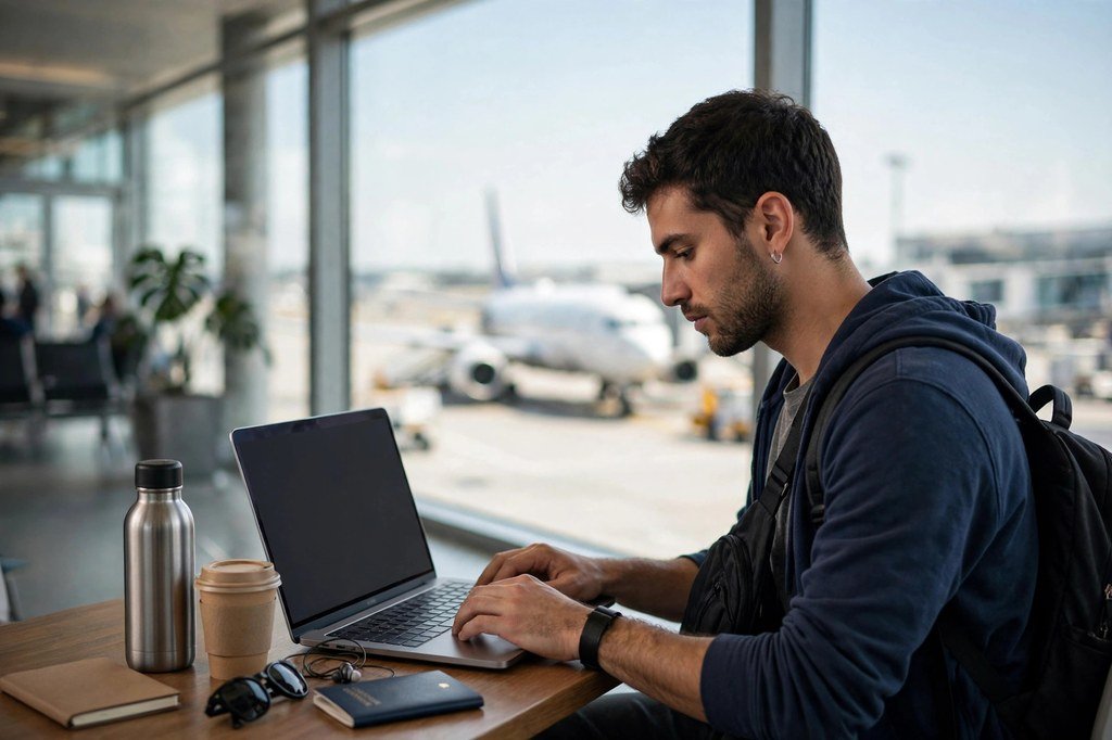 Traveler searching for flight deals on a laptop at an airport terminal window