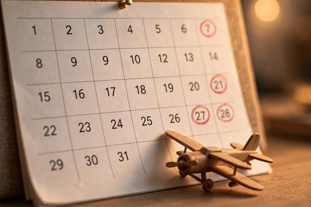 Wall calendar with travel dates circled and a small toy airplane model