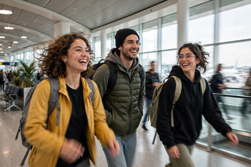 Happy budget travelers with backpacks walking through an airport departure terminal