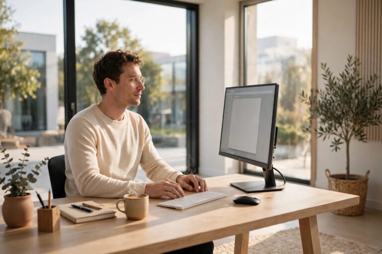 Person with excellent upright posture working at a bright modern desk, monitor at eye level