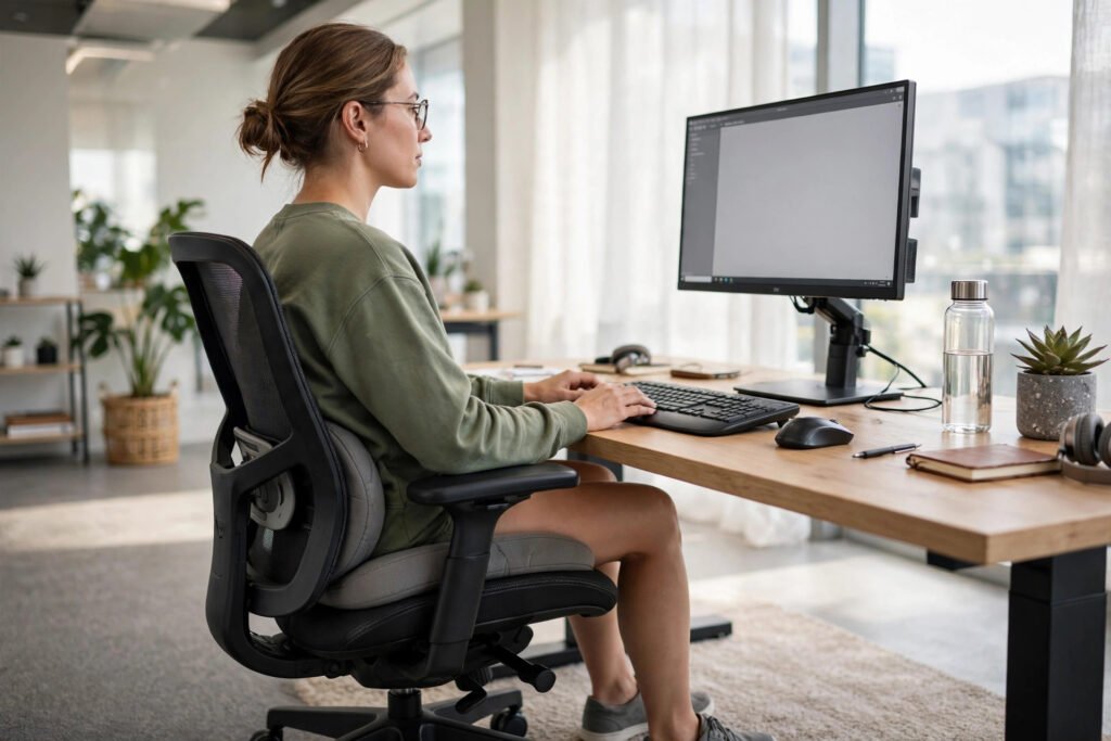 Side view of an ergonomic desk setup with lumbar support cushion, feet flat on floor, and monitor raised to eye level