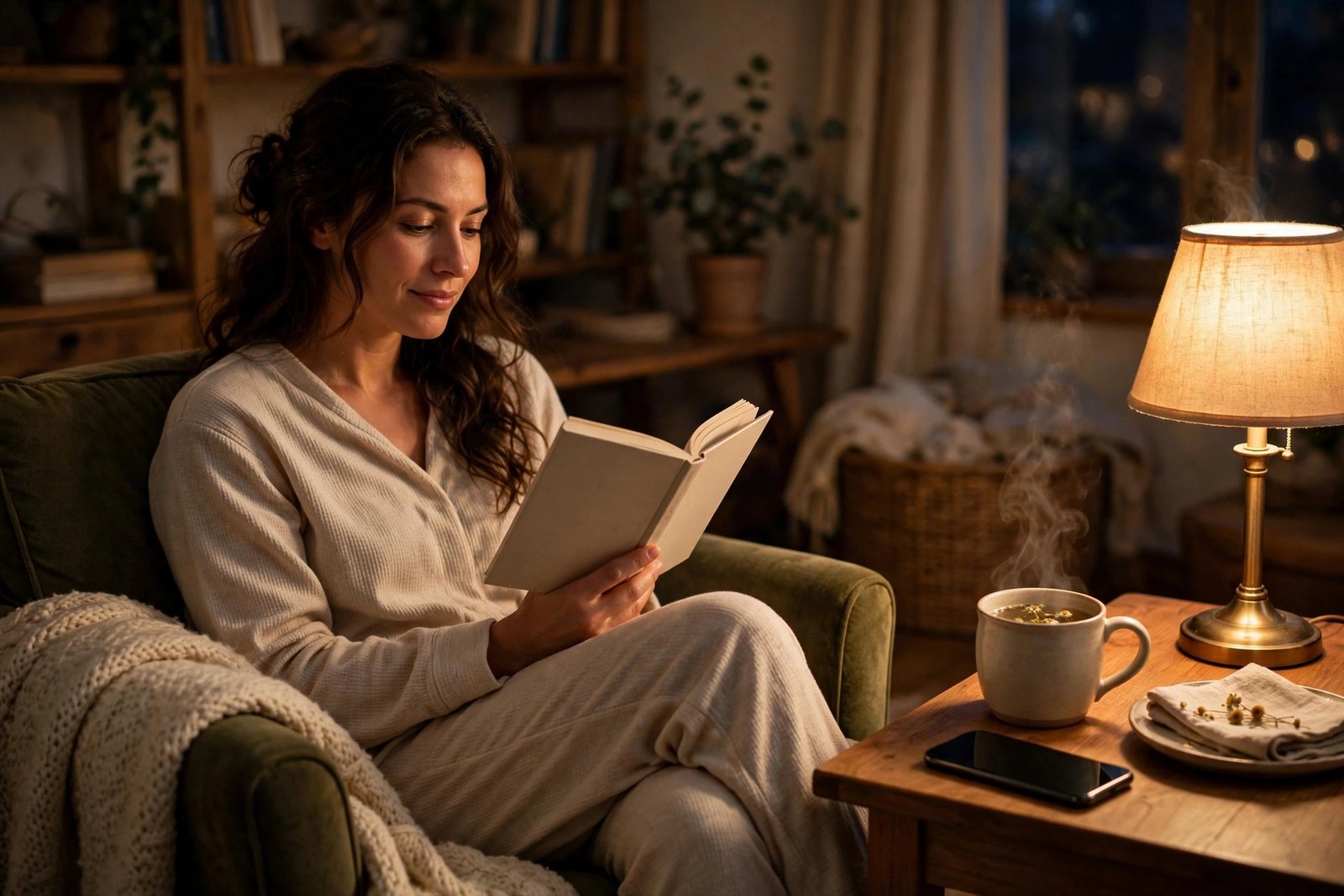 Person reading a paperback book in an armchair with herbal tea during a screen-free wind-down routine