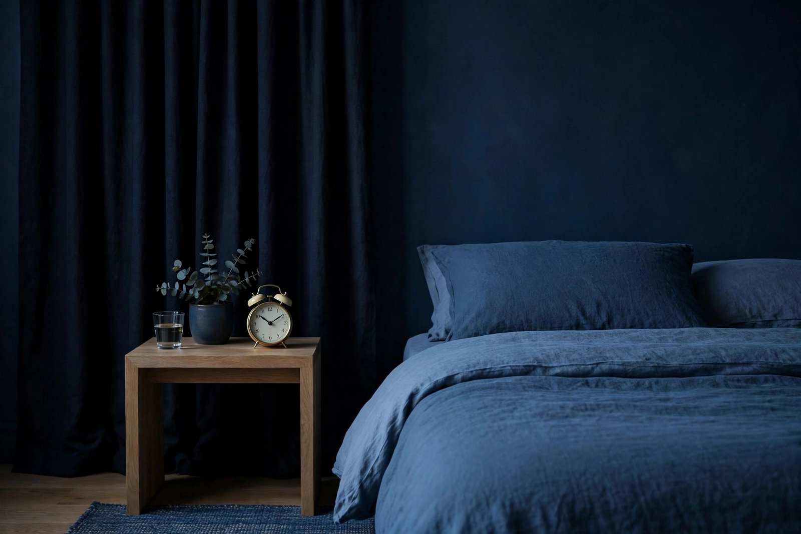 Dark, cool, clutter-free bedroom with blackout curtains and no glowing electronics
