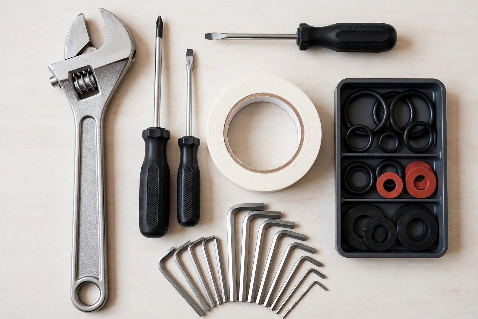 Plumbing repair tools laid out on a workbench including adjustable wrench, screwdrivers, PTFE tape, replacement washers and O-rings