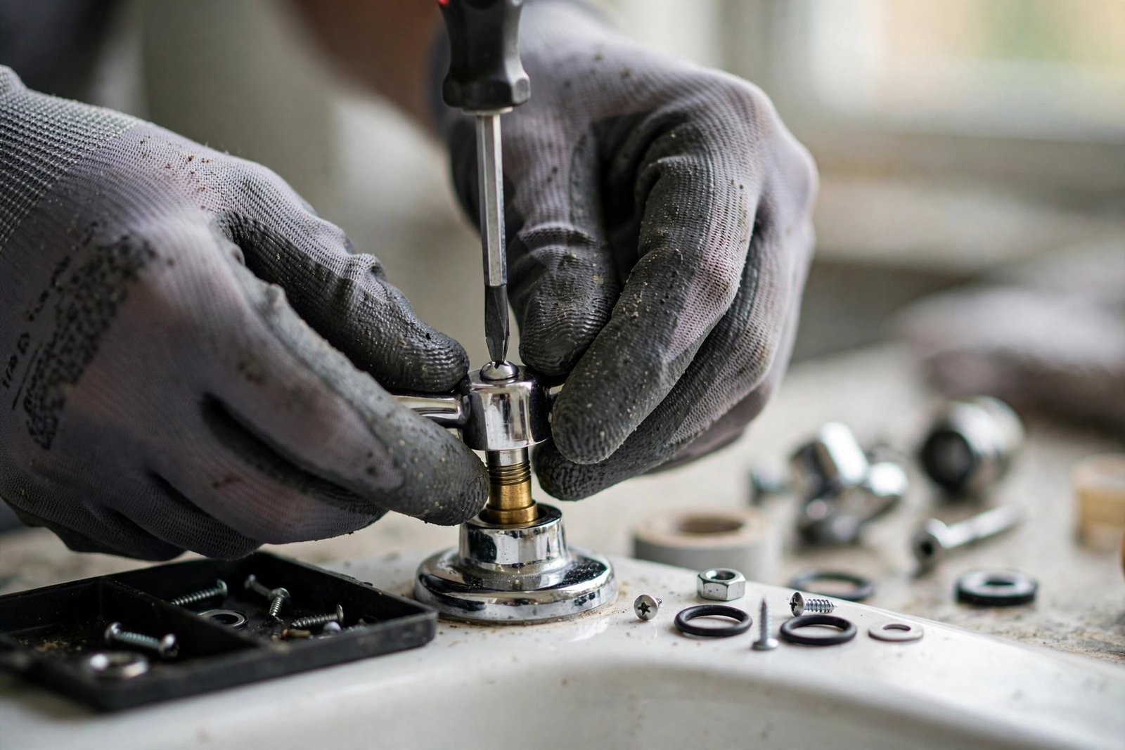 Gloved hands removing a faucet handle with a screwdriver during a DIY faucet repair
