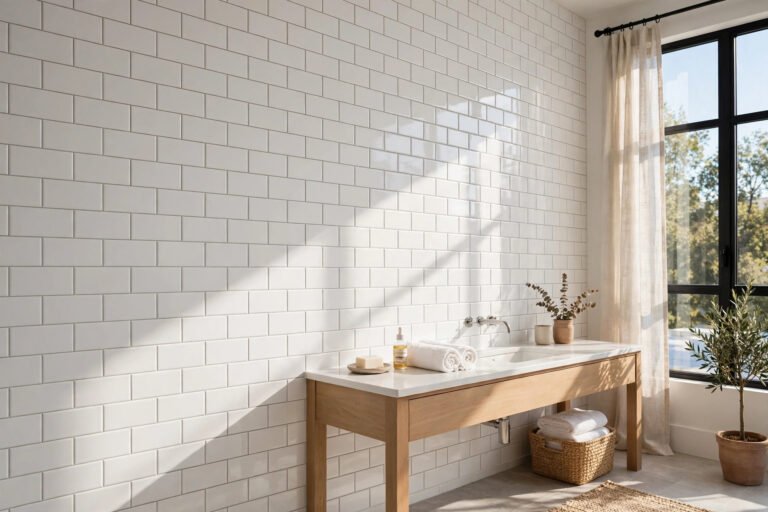 Freshly regrouted bathroom tile wall around a sink