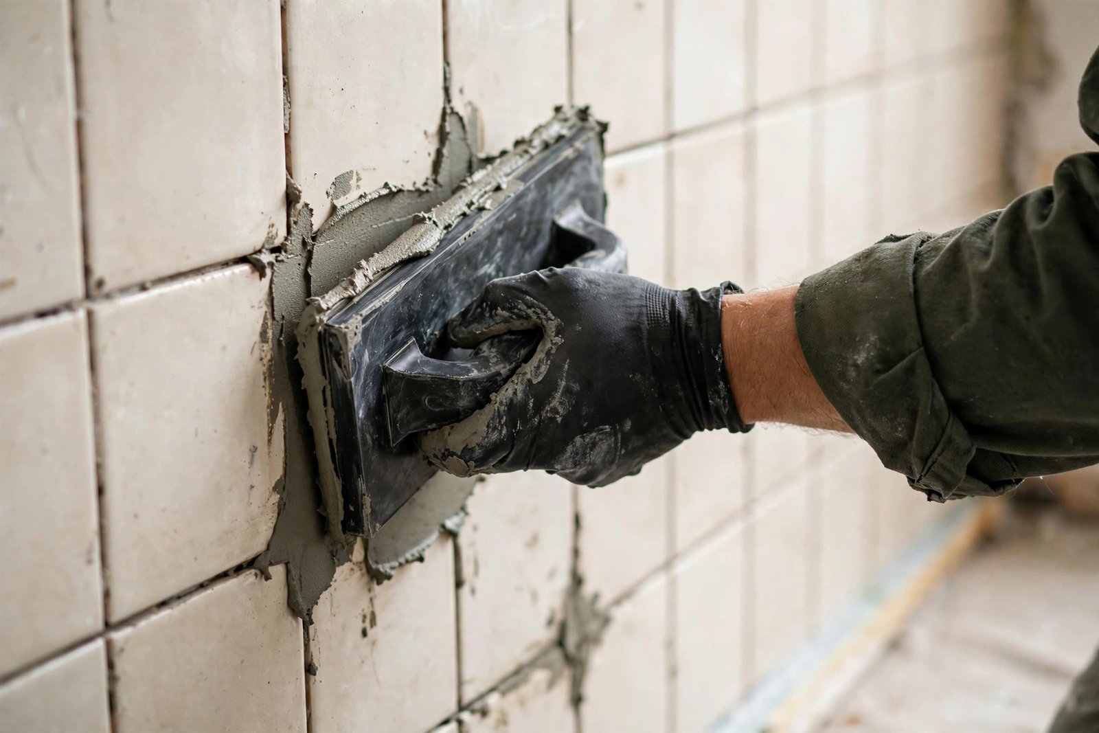 Close-up of hands using a grout saw to remove old grout between square ceramic floor tiles