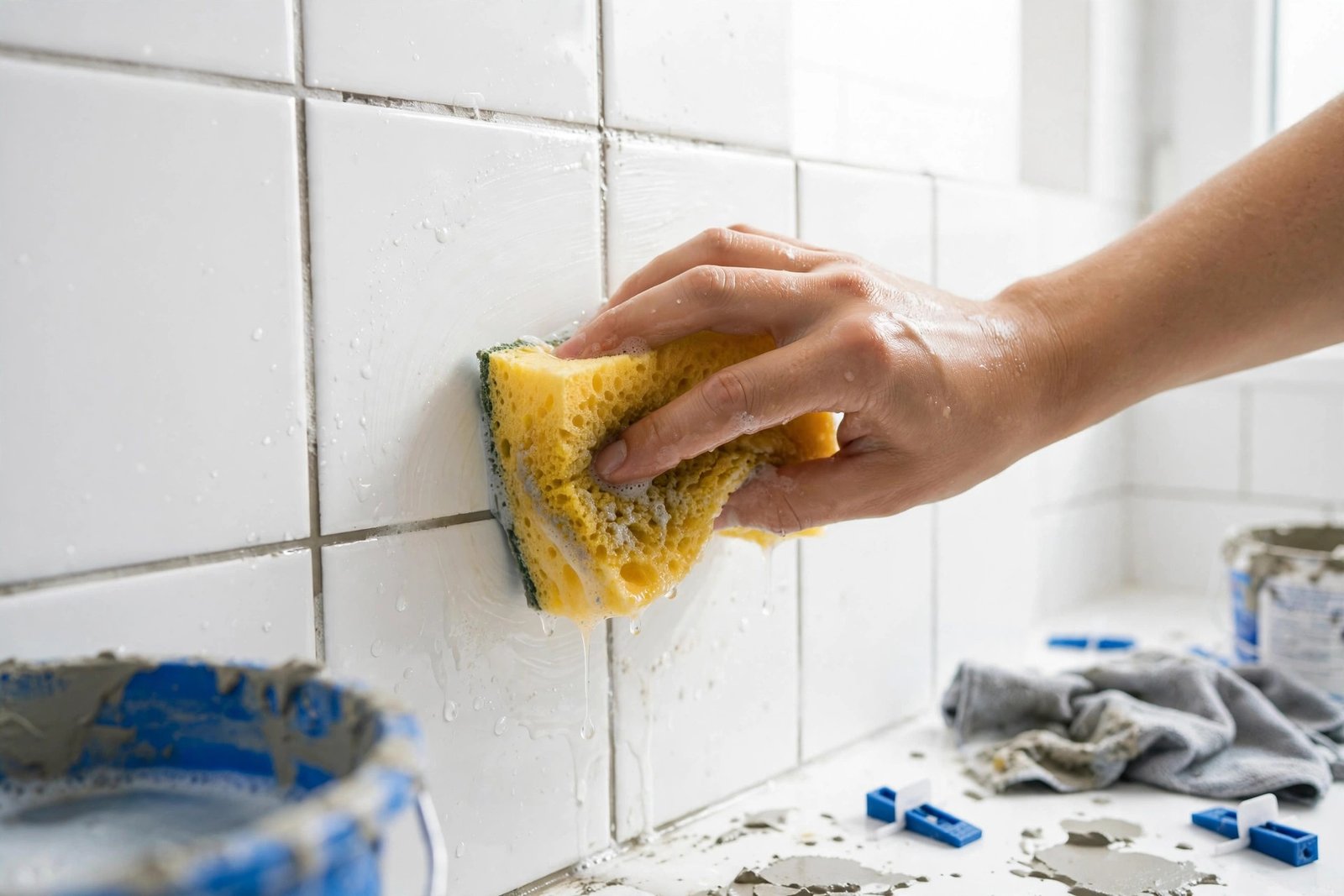 Person applying fresh gray grout into tile joints with a rubber grout float held at an angle