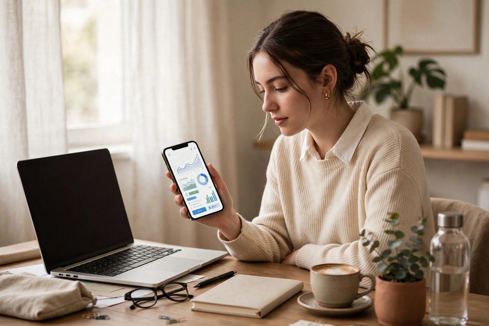 Young woman using an investment app on her smartphone at a desk with a laptop