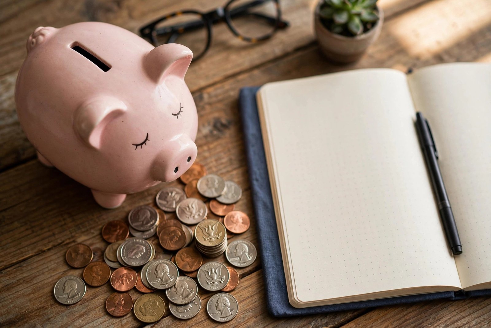 Piggy bank beside coins and a retirement planning notebook on a wooden desk
