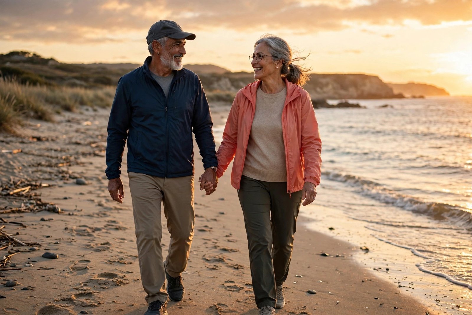 Older couple walking together on a beach at sunset, enjoying an active retirement