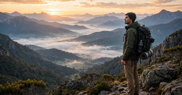 Traveler with a backpack standing on a scenic mountain overlook at sunrise