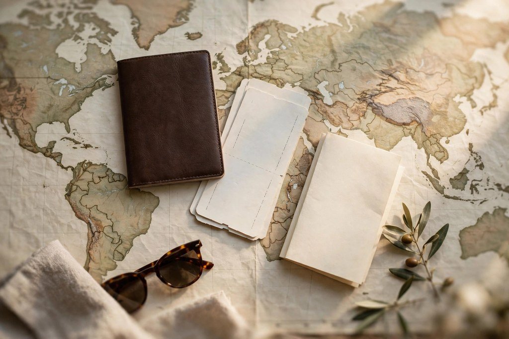 Passport, boarding passes, and travel documents laid out on a world map