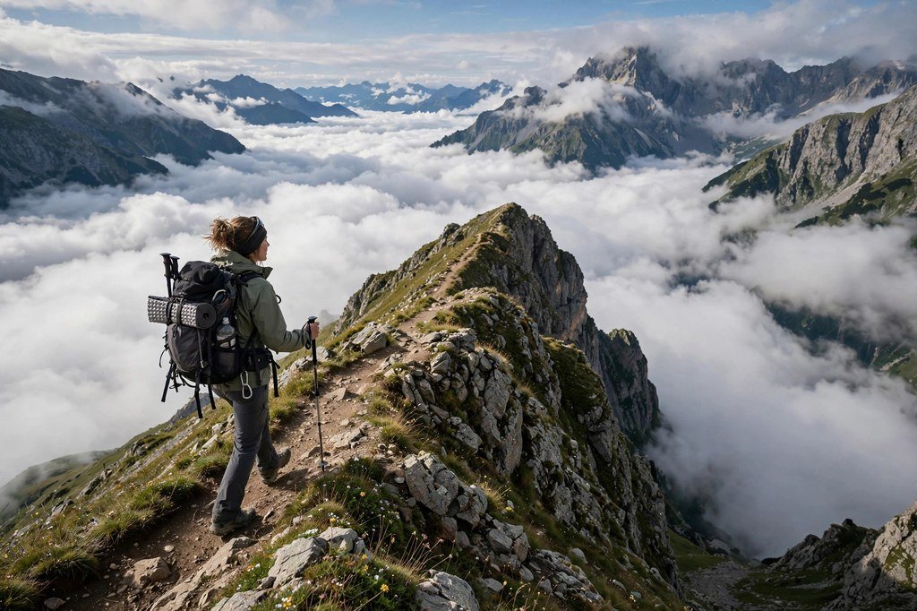 Traveler hiking a mountain trail with a backpack