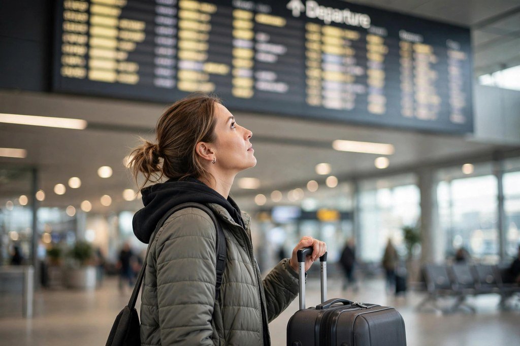 Traveler with a suitcase looking up at an airport departure board