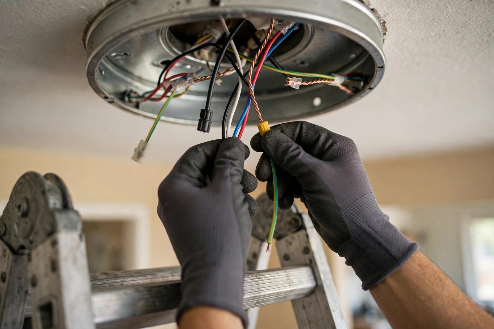 Close-up of gloved hands connecting color-coded wires inside a ceiling fan canopy while standing on a ladder