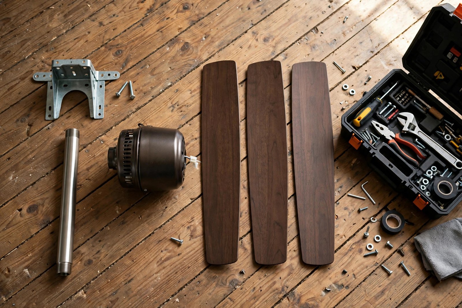 Ceiling fan parts including mounting bracket, downrod, motor housing and blades laid out on a wooden floor beside a toolbox