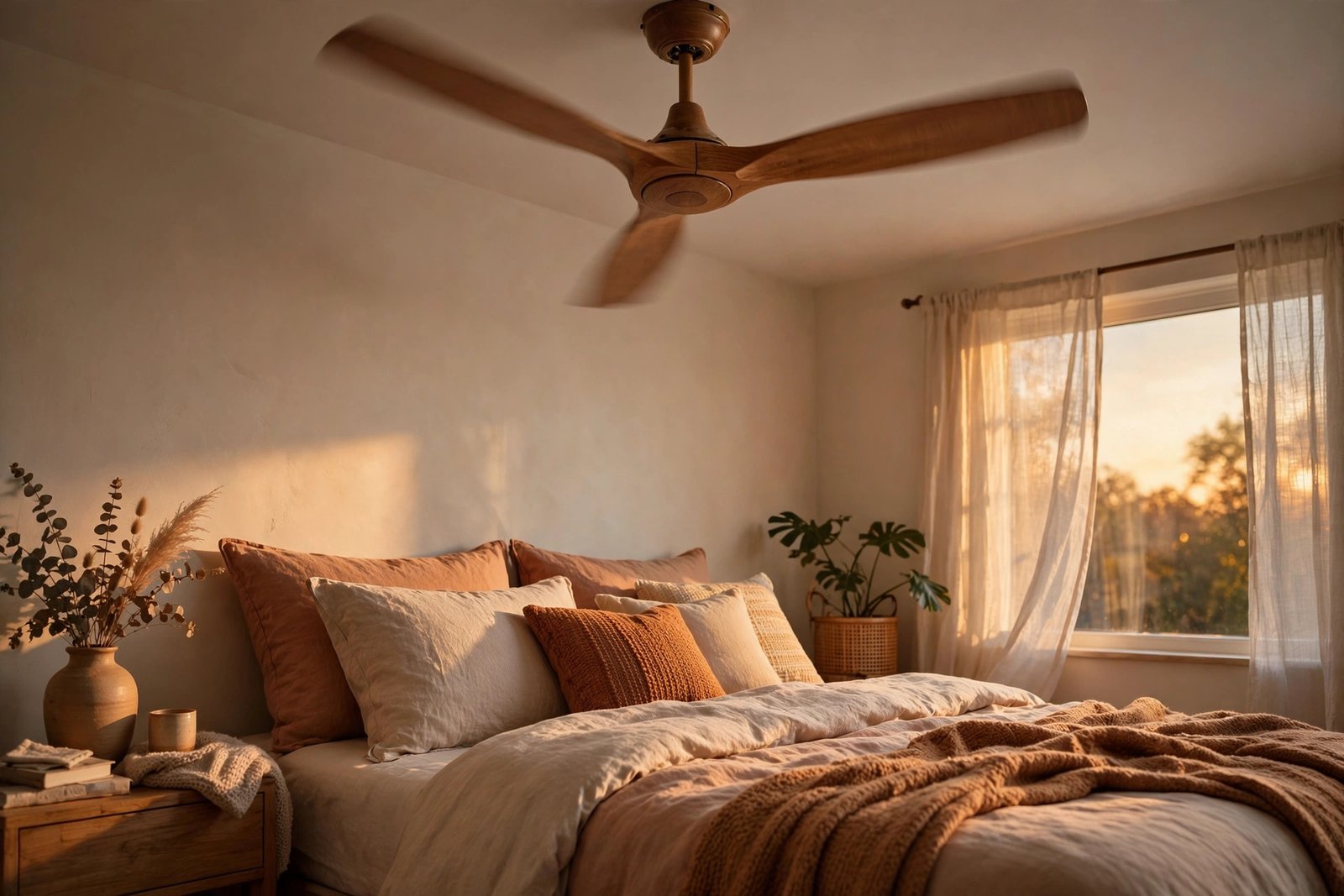 Ceiling fan spinning above a cozy bedroom bed in warm evening light