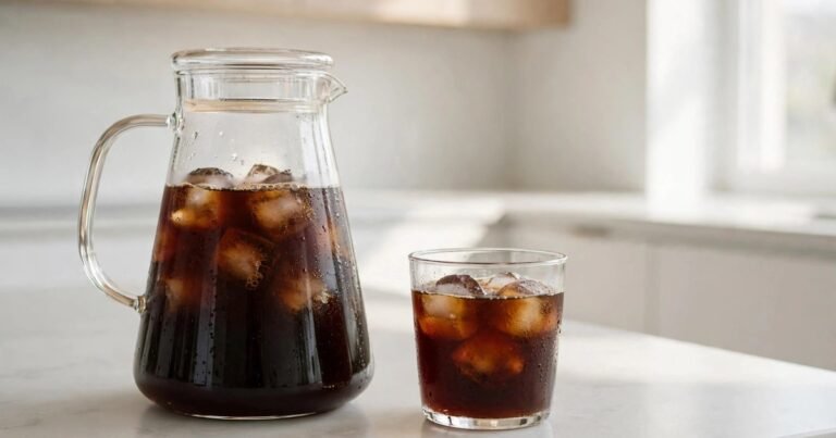 Glass pitcher of cold brew coffee with ice on a bright kitchen counter in morning light