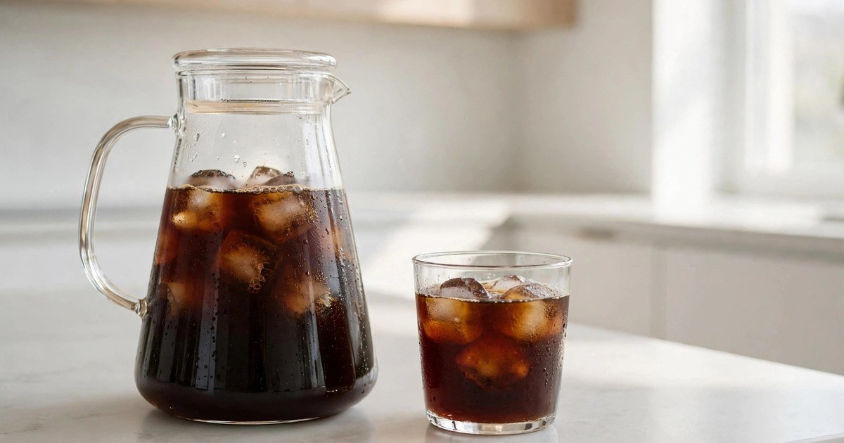 Glass pitcher of cold brew coffee with ice on a bright kitchen counter in morning light