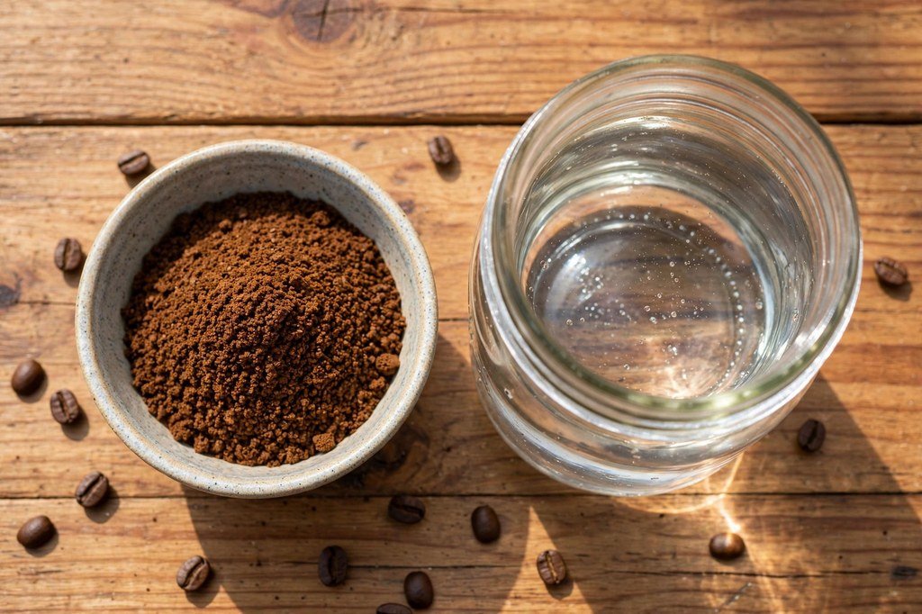Overhead view of coarse-ground coffee in a bowl next to an empty glass mason jar of water