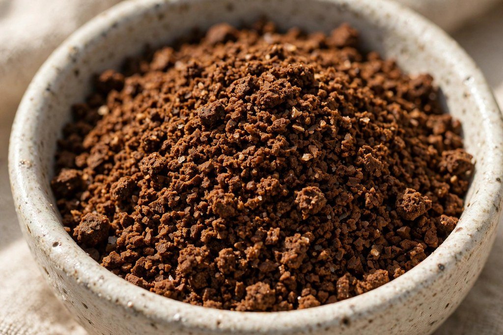 Close-up macro of coarse-ground coffee with sea-salt texture in a ceramic bowl