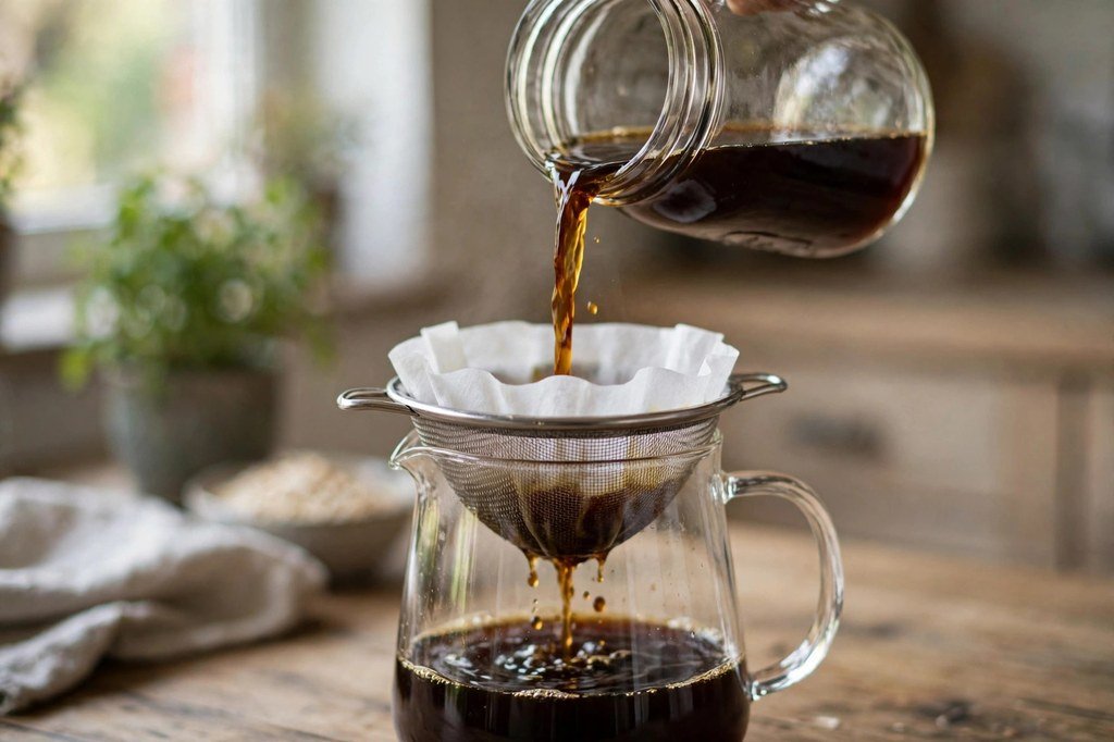Cold brew coffee being poured through a fine-mesh sieve lined with a paper filter into a glass pitcher