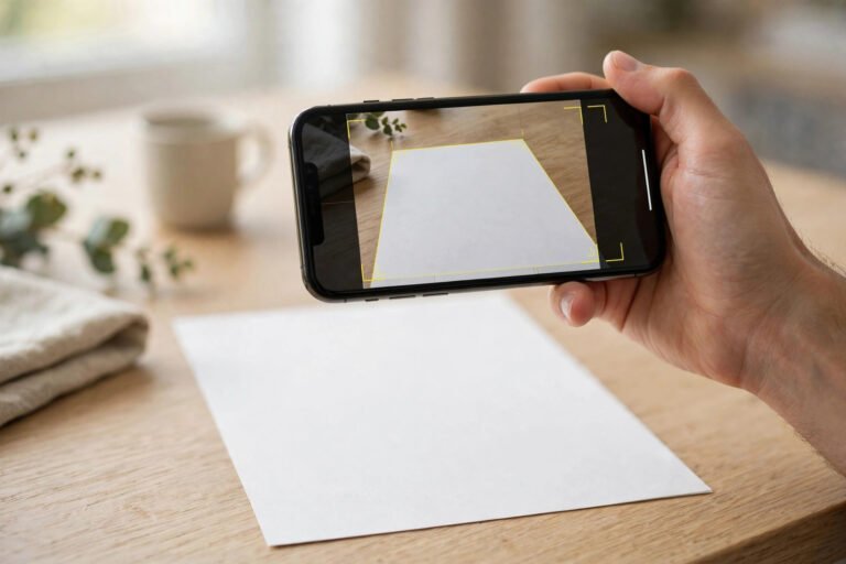 A hand holding an iPhone over a paper document on a wooden desk, the camera viewfinder framing the page with edge detection guides, soft daylight