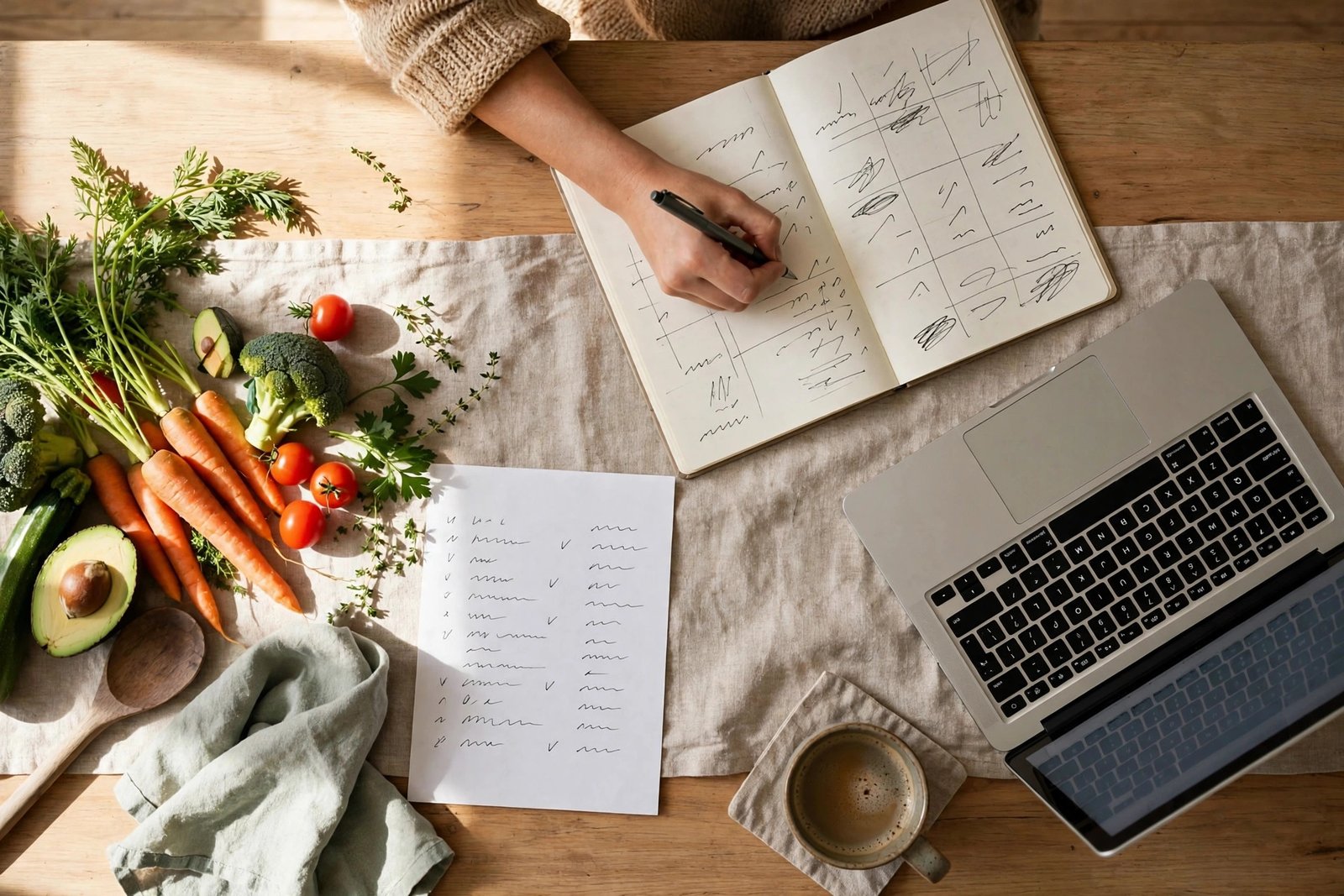 Person writing a weekly meal plan and grocery list at a kitchen table
