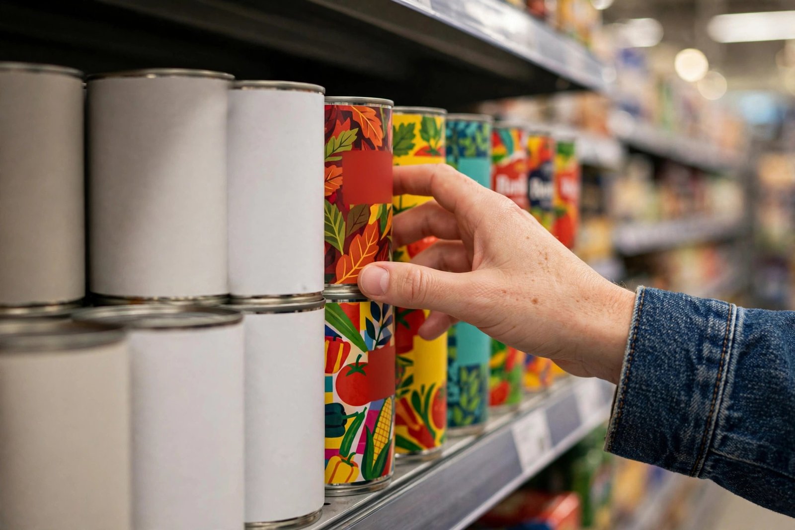 Shopper comparing store-brand and name-brand products on a supermarket shelf