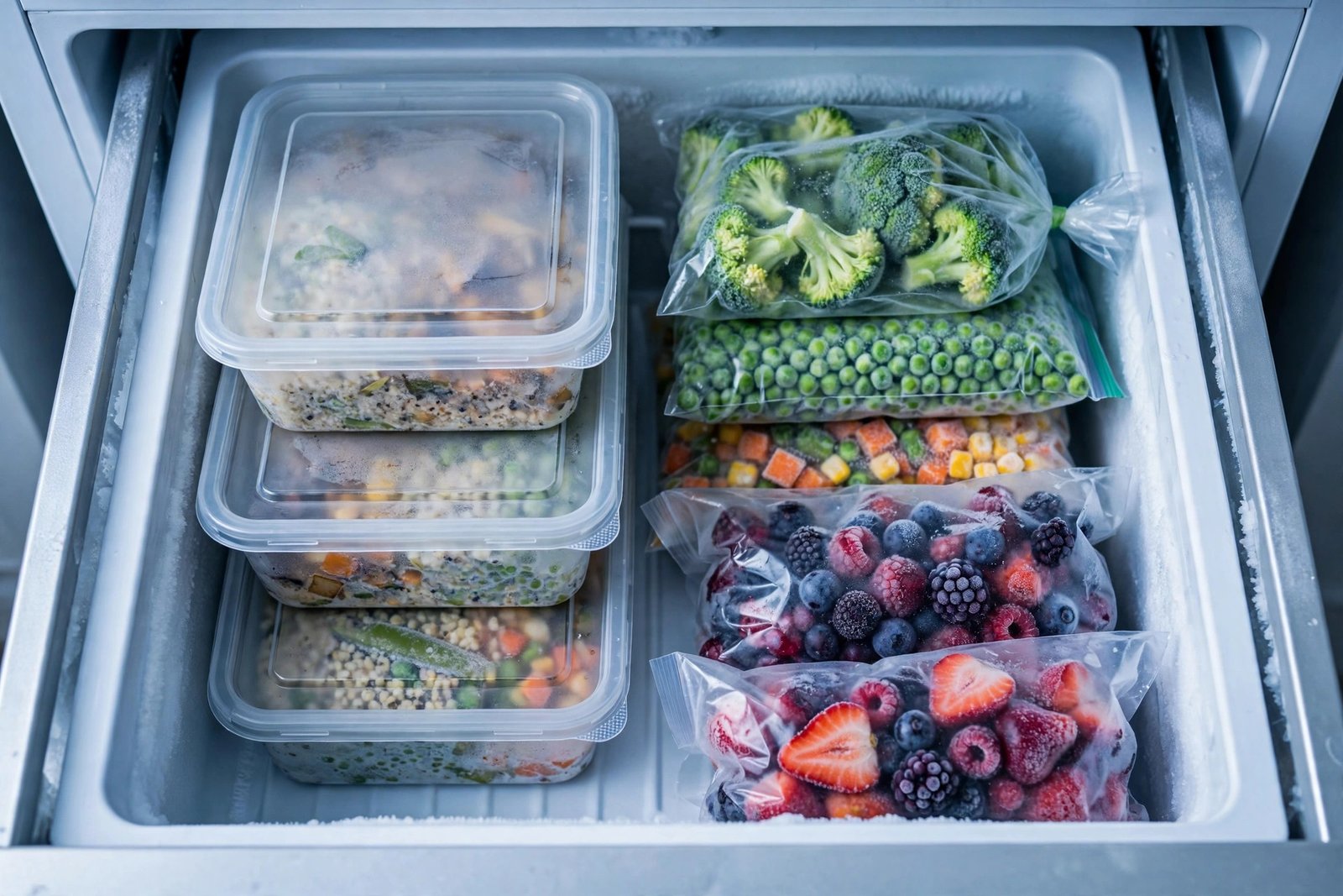 Organized home freezer stocked with labeled meal-prep containers and frozen produce