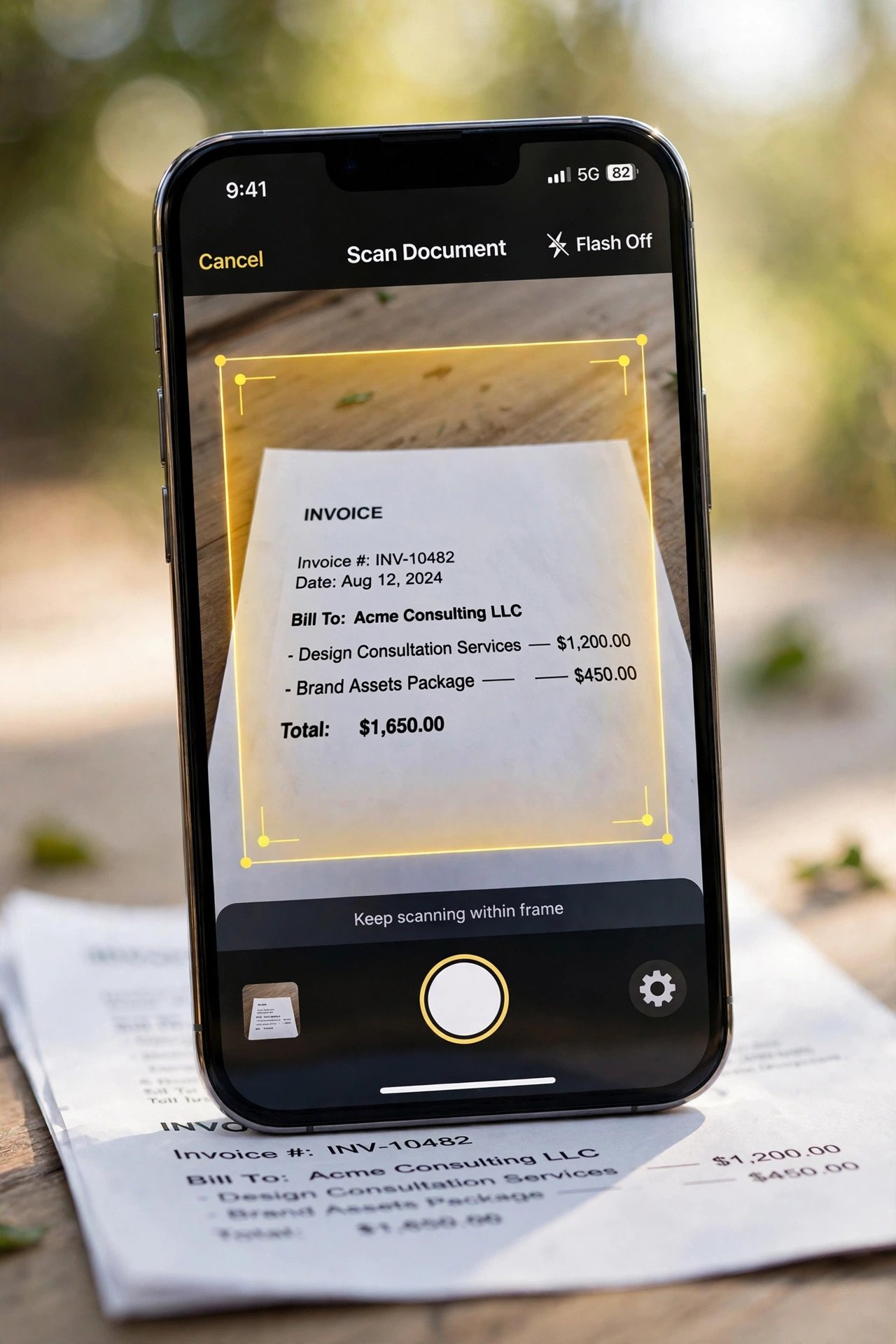 Close-up of the iPhone Notes app scanning screen showing a document viewfinder with a detected page outline