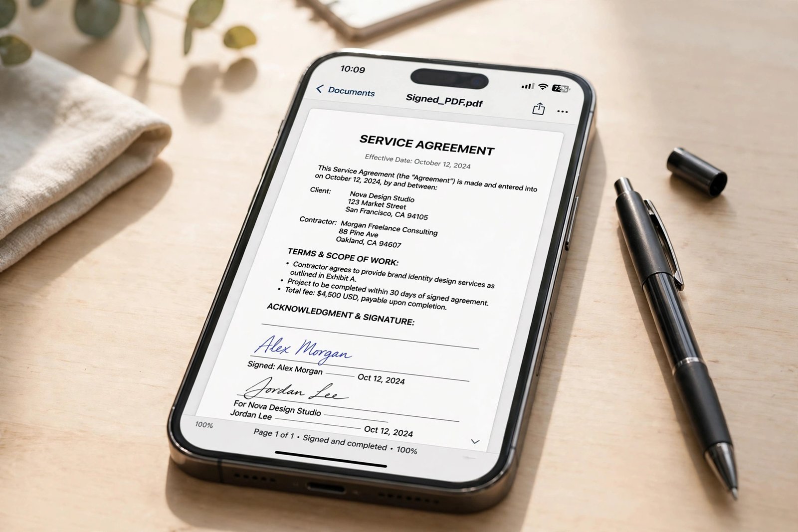An iPhone screen displaying a signed PDF document with a pen resting on the desk beside the phone