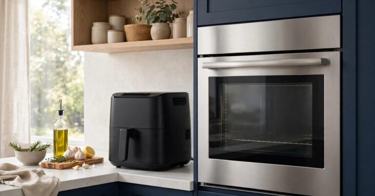 Modern air fryer next to a built-in stainless steel kitchen oven on a clean countertop