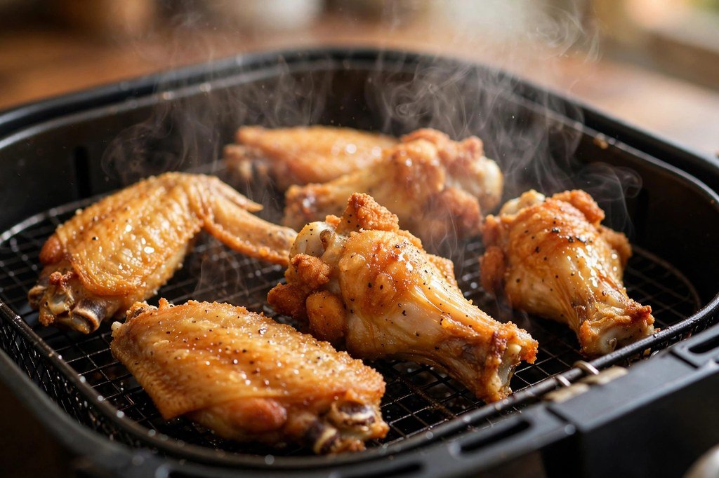 Close-up of crispy golden chicken wings in an open air fryer basket