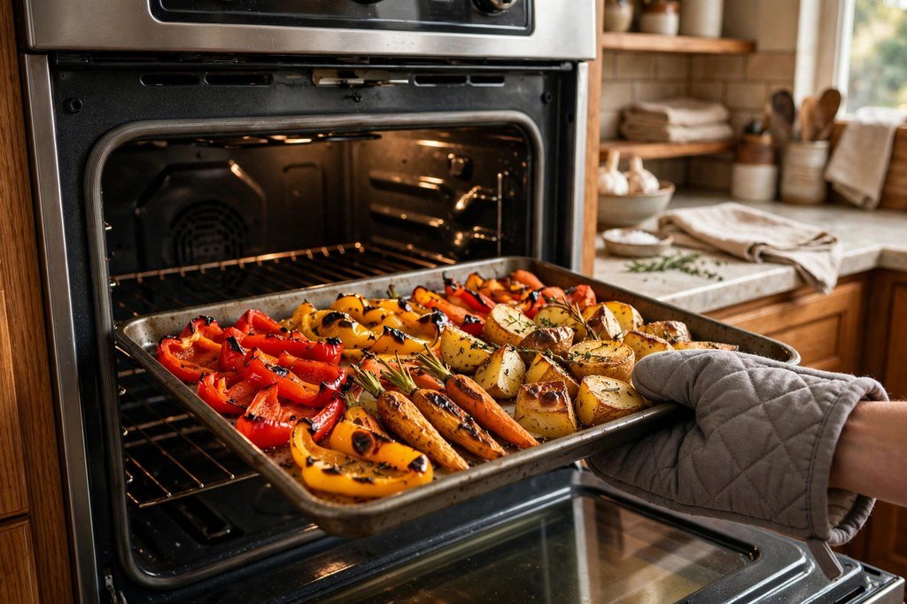 Tray of roasted vegetables coming out of a conventional home oven