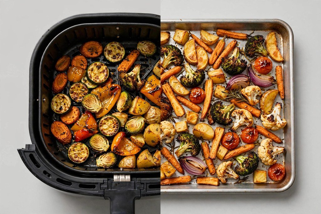 Side-by-side comparison of roasted vegetables cooked in an air fryer basket and on an oven baking tray
