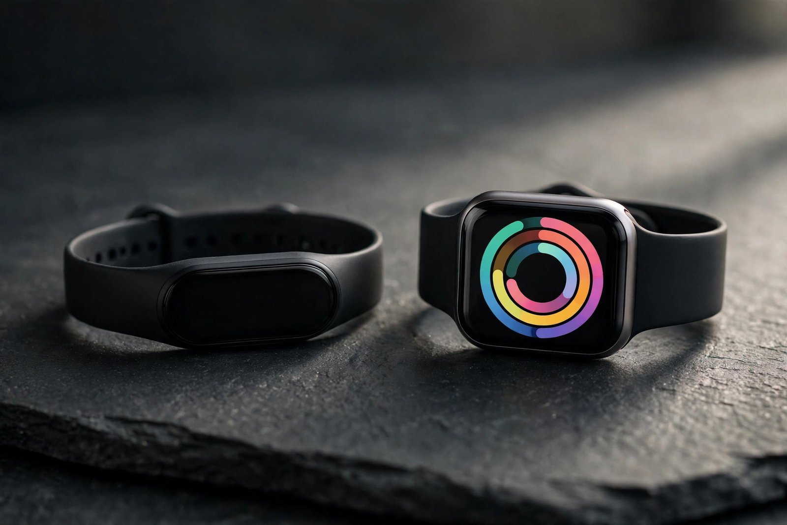 Two wrist wearables side by side on a dark slate surface: a slim minimalist fitness band and a square-faced smartwatch