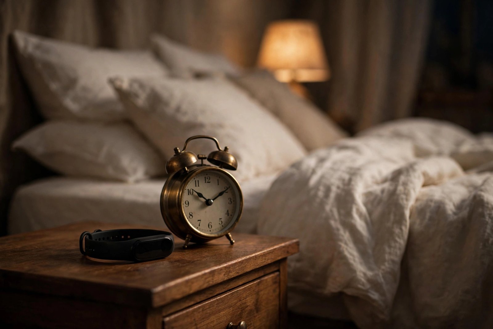 Cozy bedtime scene with a slim black fitness tracker on a wooden nightstand next to an alarm clock