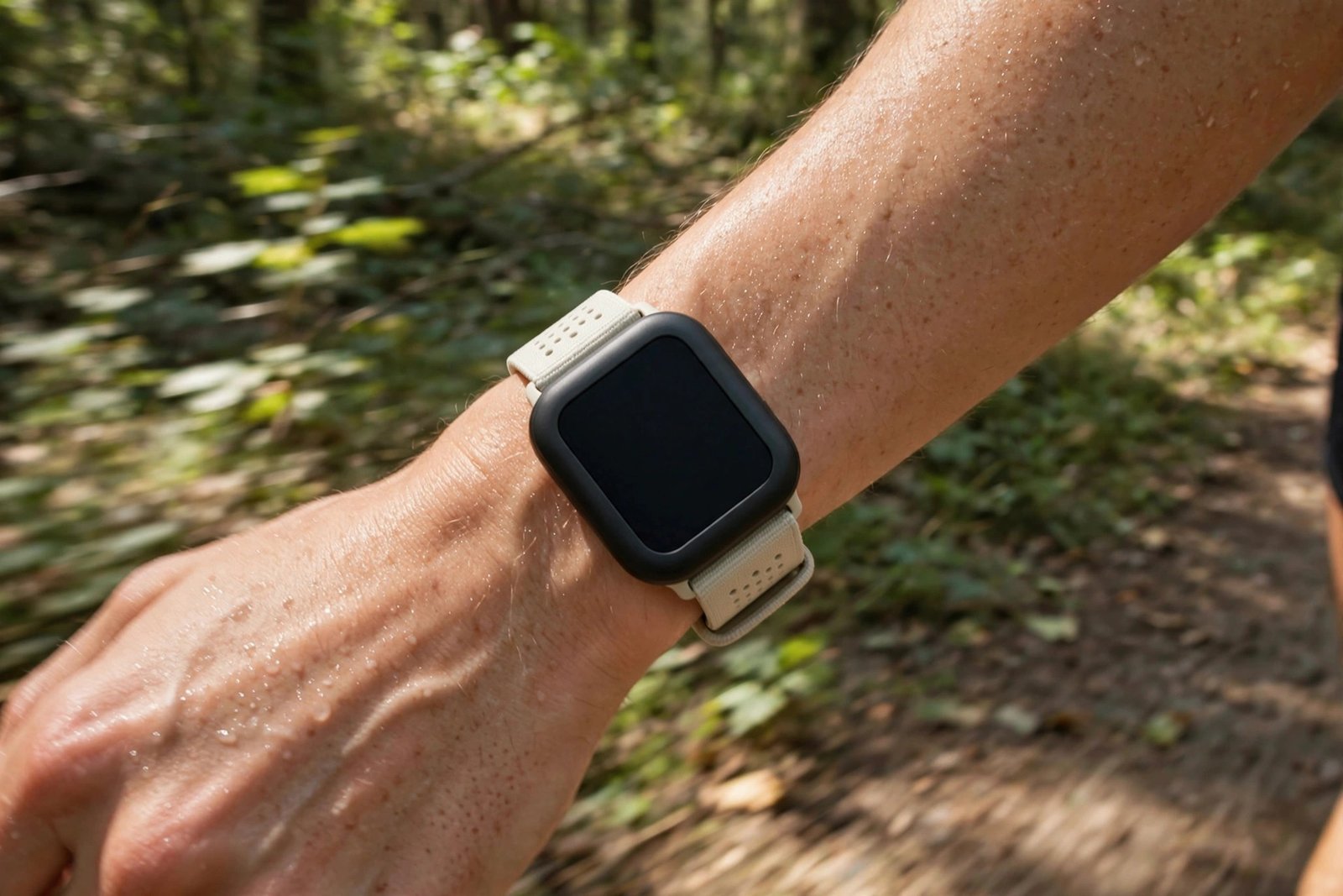 Close-up of a runner's wrist wearing a square-faced smartwatch mid-stride on a sunlit forest trail