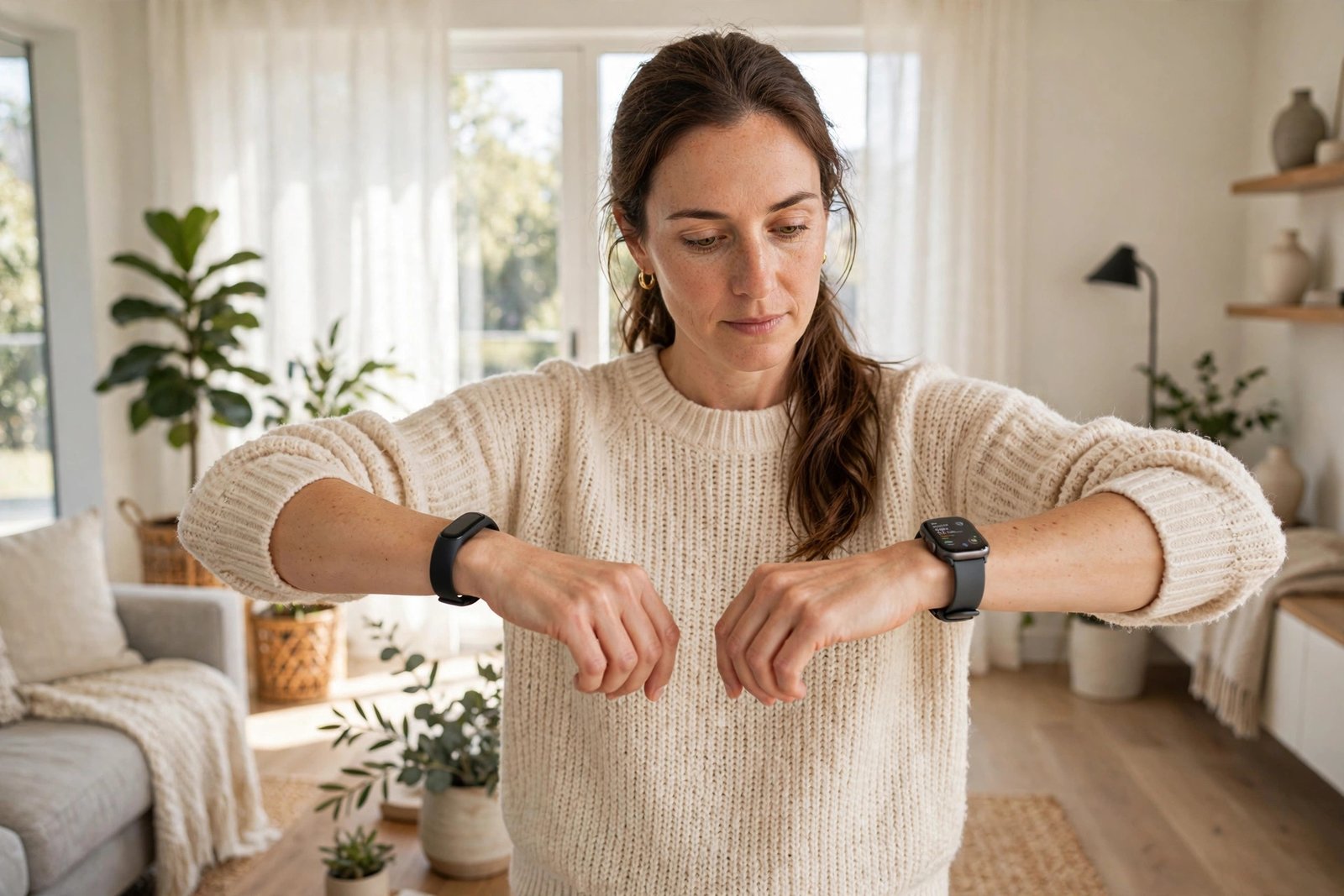 Person comparing two wrist wearables, one slim fitness band and one smartwatch, arms held side by side
