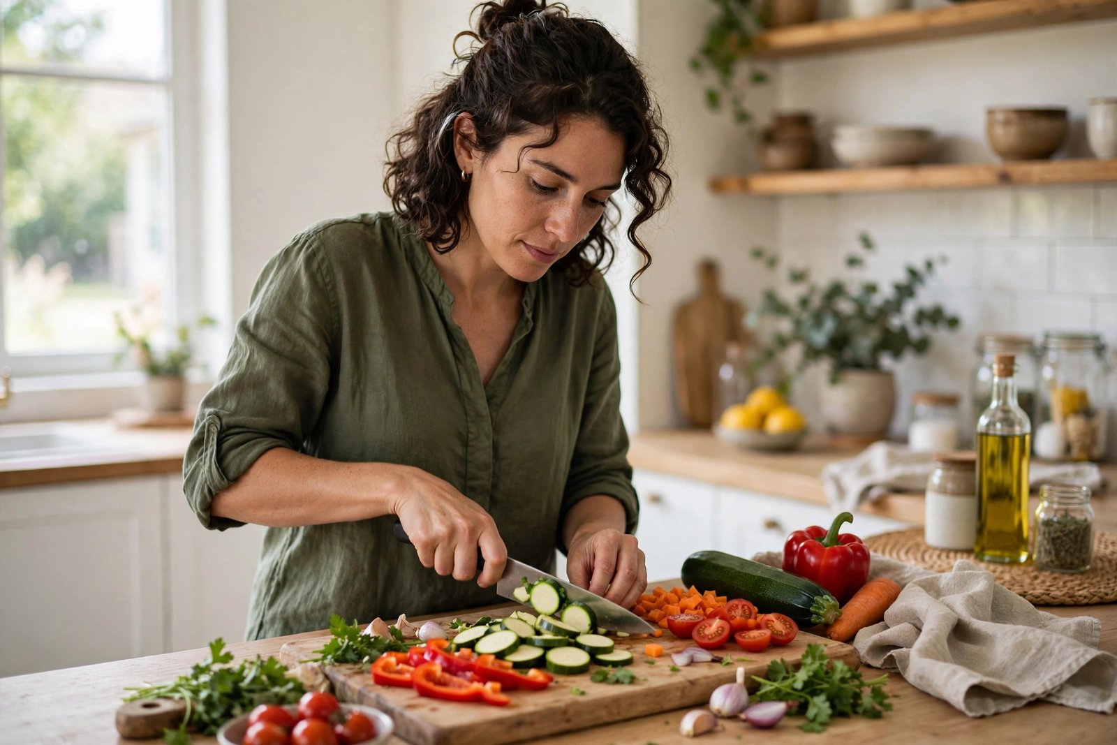 A person chopping fresh vegetables on a wooden cutting board in a bright home kitchen, preparing ingredients for weekly meal prep