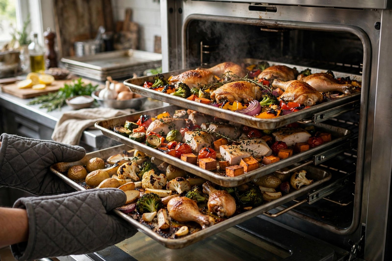Sheet pans of roasted vegetables and chicken coming out of an oven during a batch cooking session