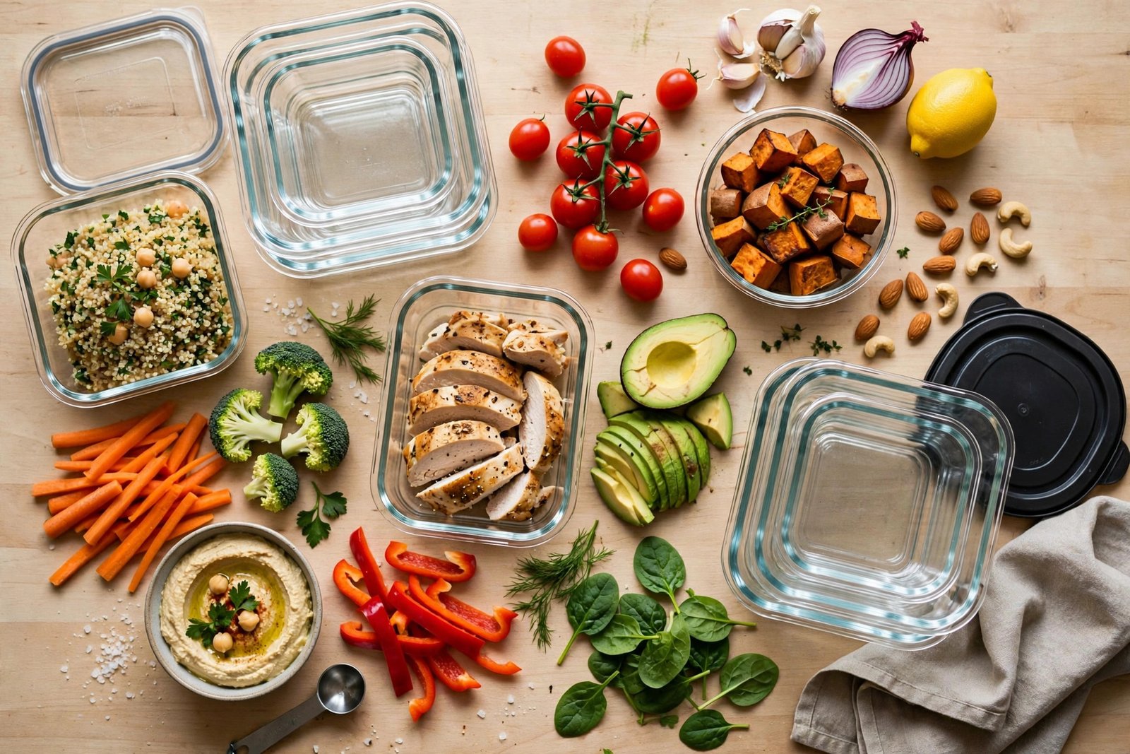 Overhead flat lay of meal prep ingredients and stacked containers spread on a kitchen counter