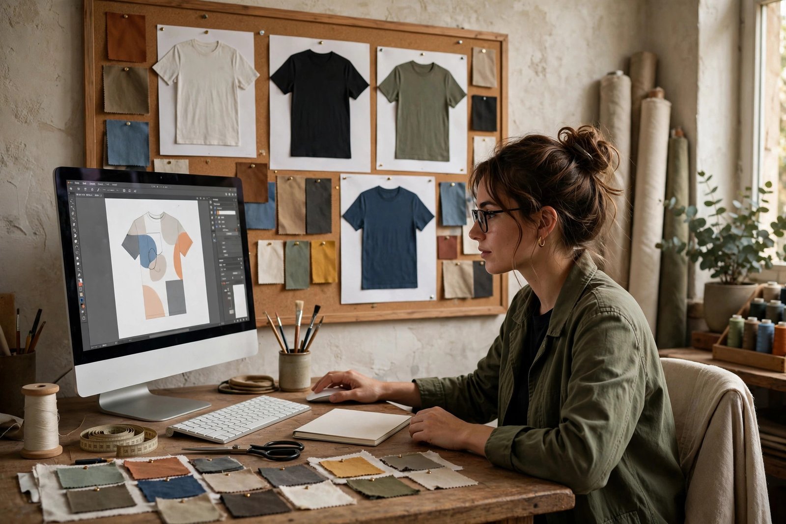 Designer creating custom t-shirt mockups for a print-on-demand store