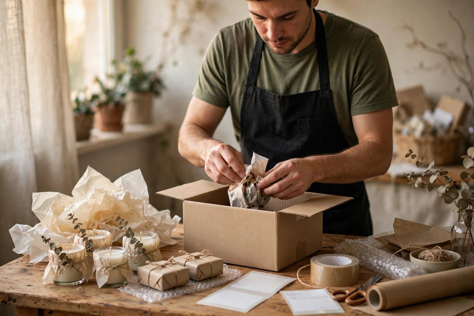 Small business owner packing a parcel for shipment at a home workspace