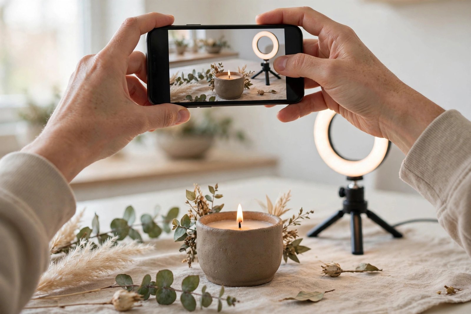 Person filming a product video on a smartphone for social media marketing